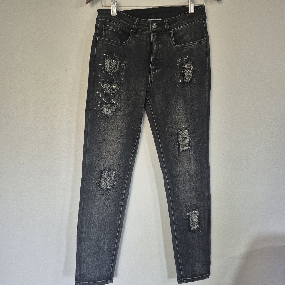 Joseph Ribkoff Black Washed Adorned Patched Stretch Denim Jeans Size 8